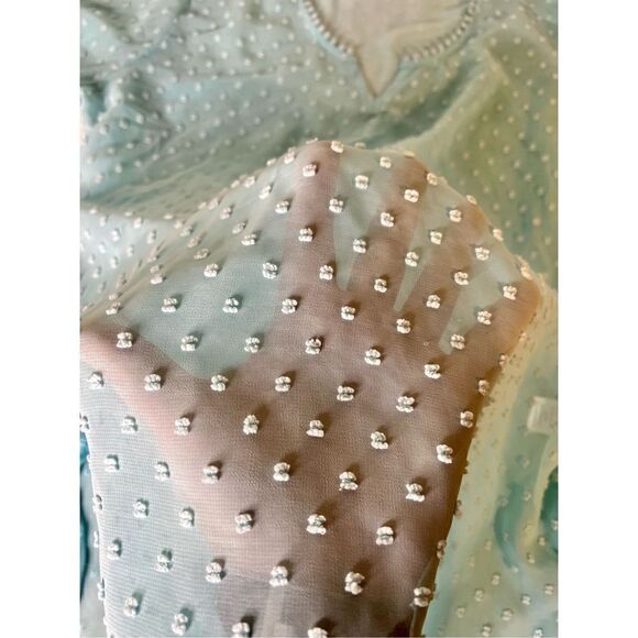 Grand & Greene Top Blue Green Textured Sheer Tunic Blouse Sz Medium - Picture 10 of 11